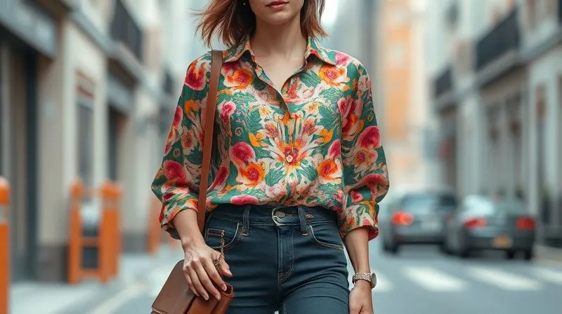 photorealistic, professional photography, 8K, cinematic lighting, sharp focus, depth of field, shot on a high-end DSLR. A stylish woman, mid-shot, wearing a vibrant, intricately patterned 1970s silk blouse tucked into modern, high-waisted dark denim jeans. She carries a minimalist leather handbag, and her hair is styled in a contemporary, natural way. The background is a soft-focus urban street, highlighting the seamless blend of vintage and modern elements in her outfit.