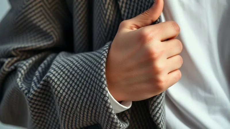 photorealistic, professional photography, 8K, cinematic lighting, sharp focus, depth of field, shot on a high-end DSLR. A close-up shot of a textured outfit, showcasing a tactile contrast. A soft, nubby vintage tweed jacket sleeve is layered over a crisp, modern white cotton shirt. A sleek, contemporary silver ring is visible on a hand. The focus is on the interplay of different fabrics and textures, creating a sophisticated, non-costume look.