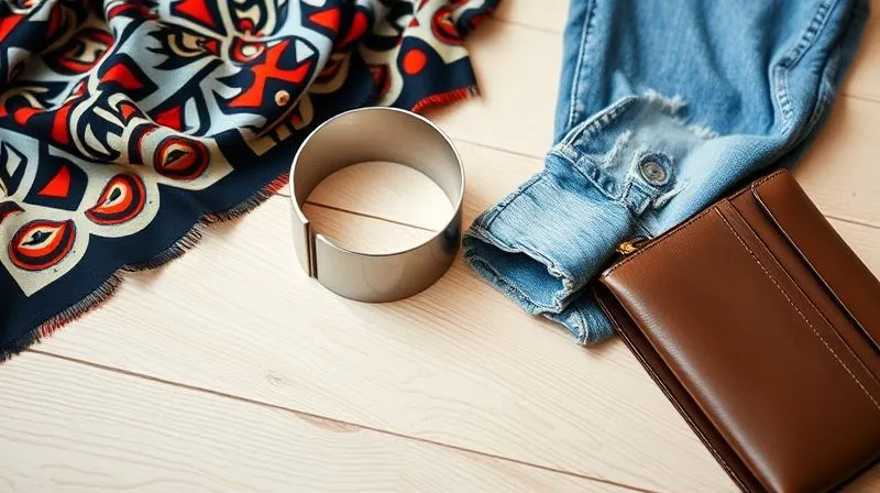 photorealistic, professional photography, 8K, cinematic lighting, sharp focus, depth of field, shot on a high-end DSLR. A diverse collection of fashion items arranged artfully on a light wooden table: a vibrant 1960s geometric print scarf, a sleek modern silver cuff bracelet, a distressed pair of contemporary jeans, and a classic 1950s leather clutch. The items are distinct but visually harmonious, representing a curated blend of eras and styles.