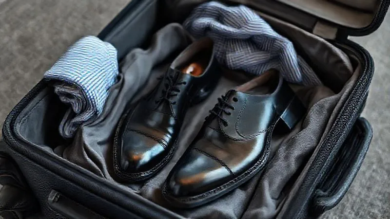 A photorealistic image showing a neatly packed suitcase with a pair of dark leather formal shoes, each in its own soft fabric shoe bag, carefully placed in a dedicated compartment. Clothes are neatly folded around them. Professional photography, 8K, cinematic lighting, sharp focus on the shoes, depth of field.