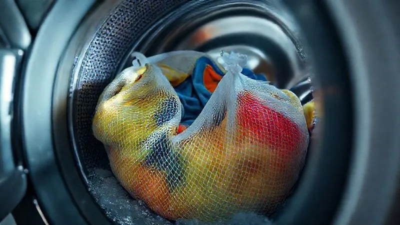 Photorealistic, professional photography, 8K, cinematic lighting, sharp focus on a washing machine drum, with mesh laundry bags containing colorful seamless activewear gently tumbling in cold water, depth of field blurring the machine's control panel, symbolizing careful washing.