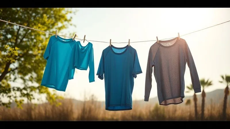 A photorealistic shot of high-performance sportswear gently air-drying on a line outdoors, with soft natural light, a slight breeze, clean aesthetic, 8K, cinematic lighting, sharp focus, depth of field.