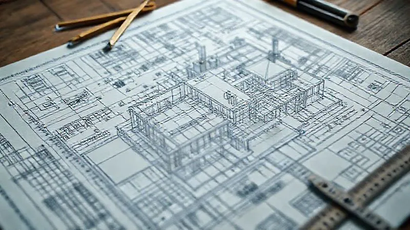 A photorealistic image showing a detailed, intricate blueprint of a unique building design, with various tools like compasses and rulers laid out. The blueprint has subtle, artistic streetwear motifs woven into its structure, representing brand DNA. Cinematic lighting, sharp focus on the blueprint, depth of field blurring the background, 8K hyper-detailed.
