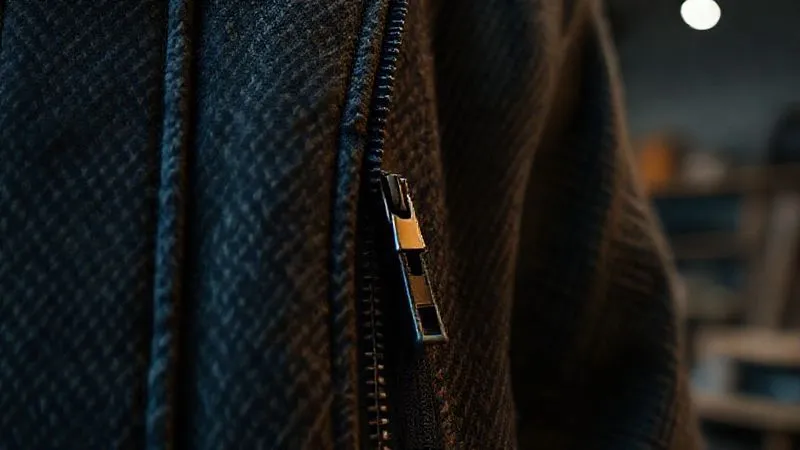 A photorealistic, professional photography, 8K, cinematic lighting, sharp focus, depth of field. Close-up on a meticulously designed garment detail: a technical zipper subtly integrated into a luxurious, textured fabric like tweed or heavy cotton, with bespoke stitching. The focus is on the seamless, high-end blend of performance and artisanal quality. The background is a dimly lit, creative design studio, blurred.