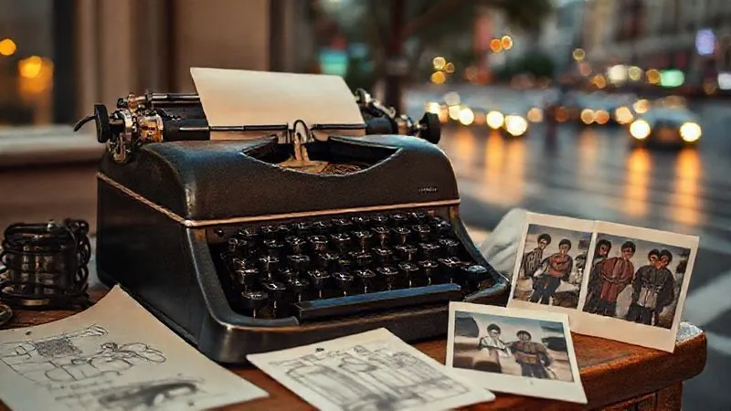 A photorealistic, professional photography, 8K, cinematic lighting, sharp focus, depth of field. A vintage typewriter with an unfinished manuscript, surrounded by sketches of unique streetwear designs and old polaroid photos capturing urban culture and rebellious youth. The scene is rich in texture and history, evoking a deep sense of narrative and origin. The background is a soft-focus, bustling city street at dusk.