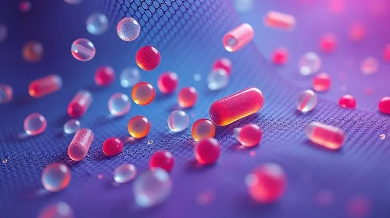 photorealistic, professional photography, 8K, cinematic lighting, sharp focus, depth of field, shot on a high-end DSLR. A highly magnified, microscopic view of a smart fabric showing individual chromophore microcapsules embedded within textile fibers. Some capsules appear intact and vibrant, while others show signs of degradation or rupture, illustrating uneven fading at a molecular level. The background is a scientific lab setting, blurred.
