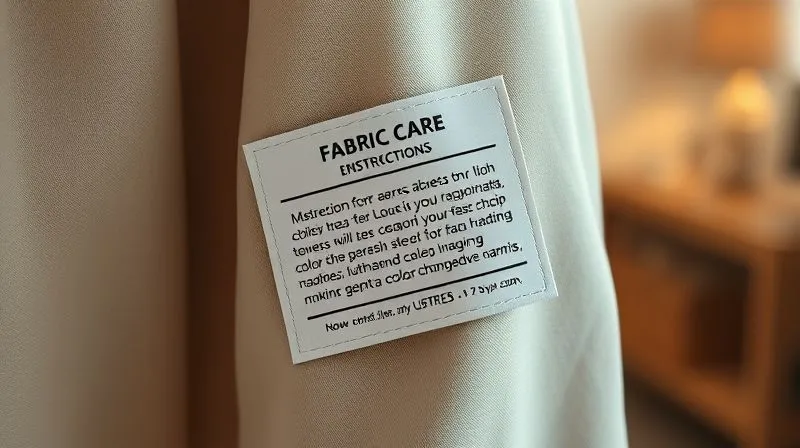 photorealistic, professional photography, 8K, cinematic lighting, sharp focus, depth of field, shot on a high-end DSLR. A close-up of a sophisticated fabric care label attached to a piece of smart textile, clearly displaying specific, detailed instructions for washing, drying, and storage of color-changing fabrics. The text is legible, and the label itself appears made of a durable, high-quality material. The background is a soft, blurred domestic setting, implying user interaction.