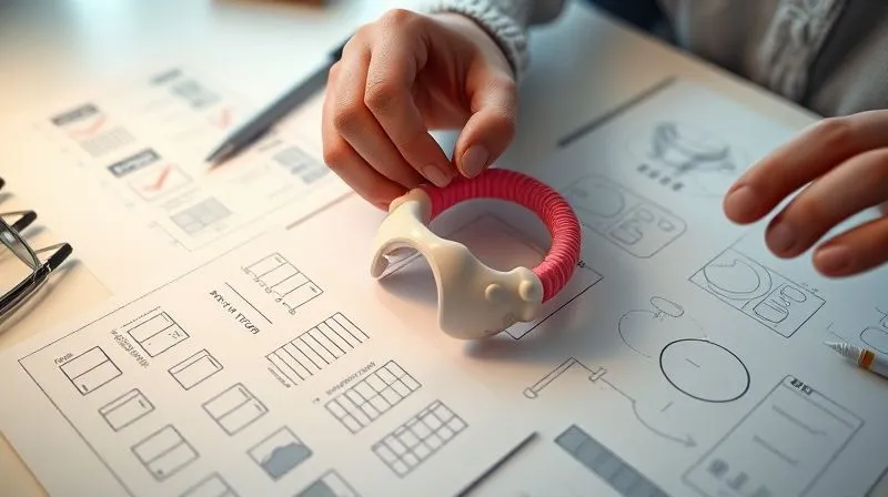 photorealistic, professional photography, 8K, cinematic lighting, sharp focus, depth of field, shot on a high-end DSLR, a designer's hand meticulously examining a prototype of a child's hair accessory, with various safety checklists and design sketches spread on a clean, modern desk. The focus is on the intricate details of the accessory, emphasizing safety features.