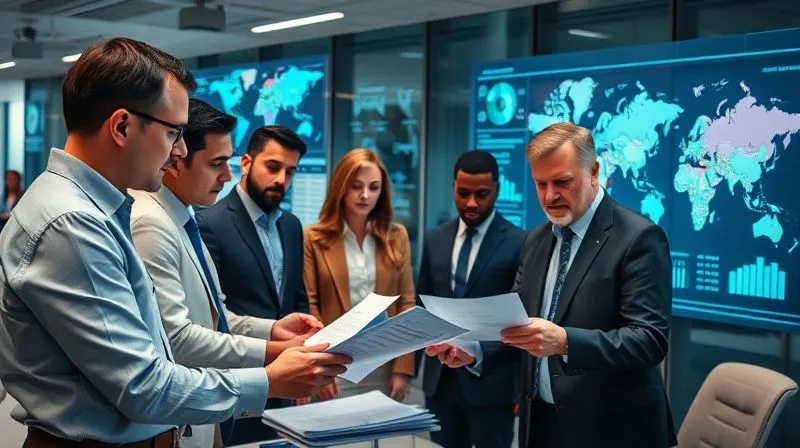 photorealistic, professional photography, 8K, cinematic lighting, sharp focus, depth of field, shot on a high-end DSLR, a diverse group of professionals in a modern office, intently reviewing complex regulatory documents and digital dashboards showing global compliance maps. The atmosphere is serious and focused, emphasizing collaboration and expertise.