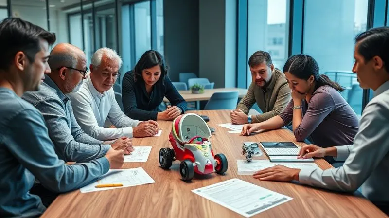 photorealistic, professional photography, 8K, cinematic lighting, sharp focus, depth of field, shot on a high-end DSLR, a diverse team of designers, engineers, and quality control specialists collaboratively discussing a child's accessory on a modern conference table, with safety checklists and prototypes in front of them. The mood is constructive and focused on shared responsibility.