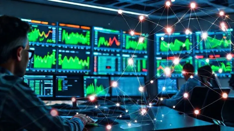 photorealistic, professional photography, 8K, cinematic lighting, sharp focus, depth of field, shot on a high-end DSLR, a highly detailed digital dashboard showing real-time load test results with green graphs indicating stable performance, red spikes indicating identified bottlenecks, and a team of engineers intently watching multiple screens in a modern, well-lit control room, conveying intense focus and problem-solving. A stylized, glowing network diagram overlays the scene.