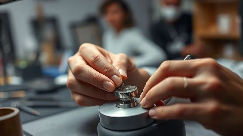 A photorealistic image of a jewelry designer's hands meticulously setting a small, unique gemstone into a contemporary metal piece, with specialized tools visible in a well-lit, organized studio. Focus on the delicate craftsmanship and attention to detail, professional photography, 8K, cinematic lighting, sharp focus on the hands and jewelry, depth of field blurring the background, shot on a high-end DSLR, artistic, dedicated.