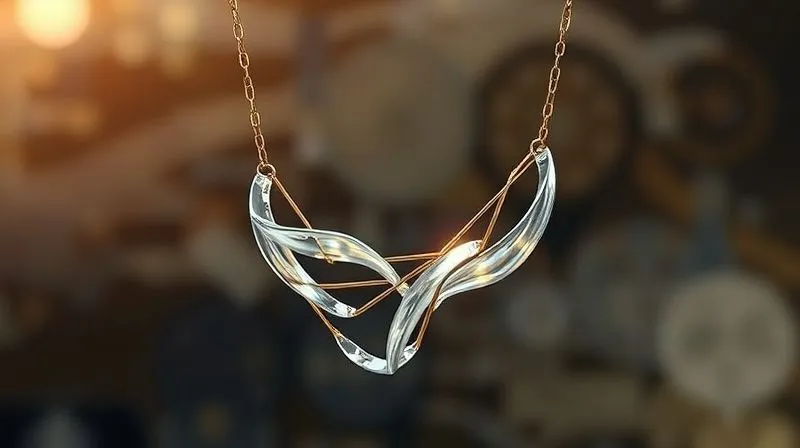A photorealistic image of a stunning, unique contemporary necklace with an organic, flowing design, glowing subtly as if imbued with a story. The background is a softly blurred artistic rendering of abstract inspiration, like a natural landscape or ancient symbols. Professional photography, 8K, cinematic lighting, sharp focus on the jewelry, depth of field blurring the background, shot on a high-end DSLR, ethereal, meaningful, luxurious.