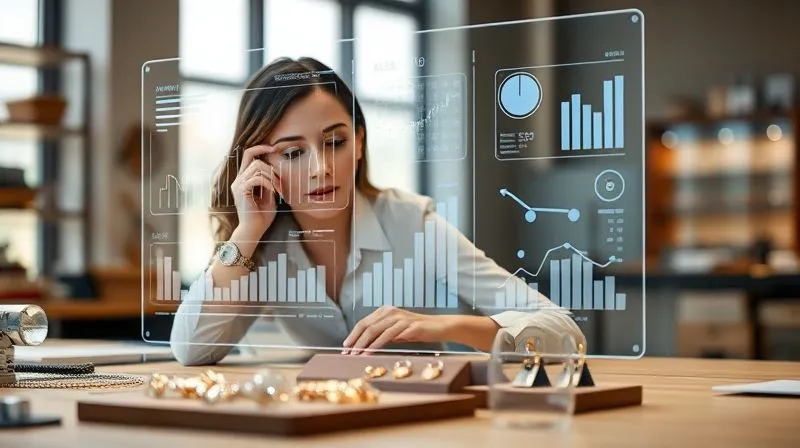 A photorealistic image of a female jewelry designer thoughtfully analyzing sales data on a transparent holographic screen, with elegant contemporary jewelry pieces artfully arranged on a workbench in the foreground. The lighting is soft and analytical, conveying a sense of strategic planning and creativity. Professional photography, 8K, cinematic lighting, sharp focus on the designer's face and the data, depth of field blurring the jewelry slightly, shot on a high-end DSLR, innovative, strategic, modern studio.