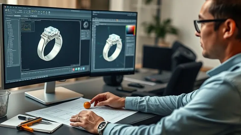 A photorealistic image of a jewelry designer working on a high-resolution CAD software on a large monitor, with intricate 3D models of a bespoke ring visible. On the desk, there are hand sketches, calipers, and a small wax prototype. Cinematic lighting highlights the detailed screen and the designer's focused expression, sharp focus on the CAD model, depth of field blurring the background, 8K hyper-detailed, professional photography, shot on a high-end DSLR.