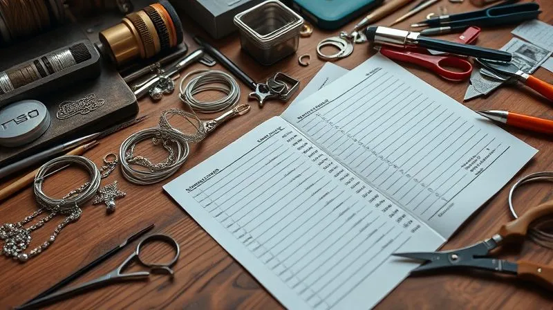 A photorealistic, professional photography shot of a meticulously organized jewelry designer's workbench with various tools, raw materials like silver wire and gemstones, and a detailed ledger open, showing columns for different cost categories. Cinematic lighting, sharp focus on the ledger and tools, depth of field, 8K, shot on a high-end DSLR.