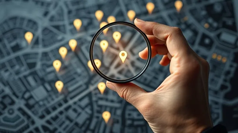 A photorealistic, professional photography shot of a hand holding a magnifying glass over a stylized map of a city, with various glowing pinpoints representing competitor jewelry stores and market segments. The hand is that of an artisan, suggesting strategic analysis. Cinematic lighting, sharp focus on the map and magnifying glass, depth of field, 8K, shot on a high-end DSLR.