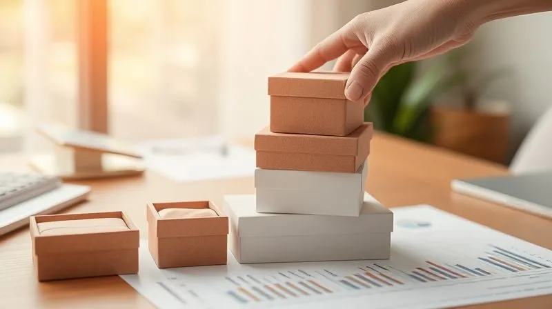 A photorealistic, professional photography shot of a growing stack of beautifully packaged custom jewelry boxes, subtly arranged on a desk next to a financial ledger showing positive growth trends. A hand is reaching out to place another box on the stack, symbolizing expansion. Cinematic lighting, sharp focus on the boxes, depth of field, 8K, shot on a high-end DSLR.