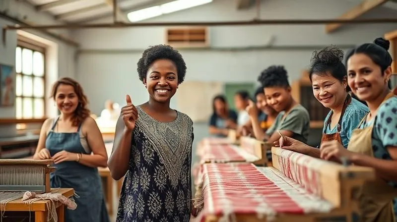 A photorealistic image of a diverse group of artisans, smiling and working collaboratively on intricate textile patterns in a sunlit, clean workshop. One artisan is proudly holding up a beautifully finished garment, while others are engaged in weaving and dyeing. Cinematic lighting, sharp focus on the artisans' hands and faces, depth of field blurring the background, 8K hyper-detailed, professional photography, shot on a high-end DSLR.