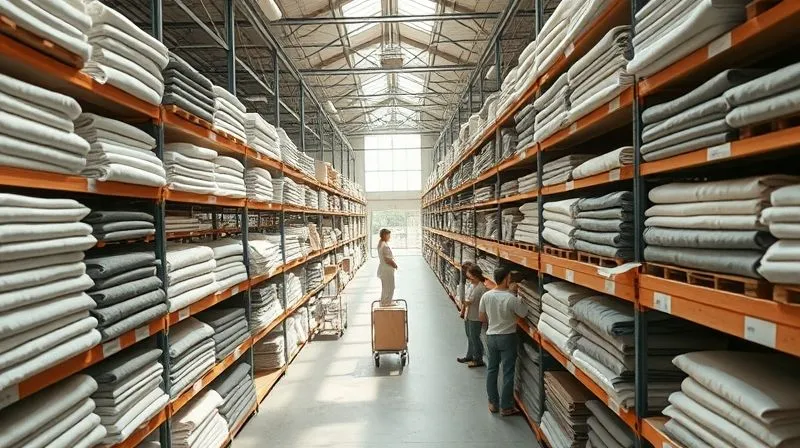 A photorealistic top-down view of a meticulously organized, clean sustainable fashion warehouse. Stacks of neatly folded organic fabrics are arranged on wooden shelves, with natural light streaming in. Workers in eco-friendly uniforms are efficiently moving inventory with hand carts, with clear pathways and minimal clutter. Cinematic lighting, sharp focus on the organized rows, depth of field, 8K hyper-detailed, professional photography, shot on a high-end DSLR.