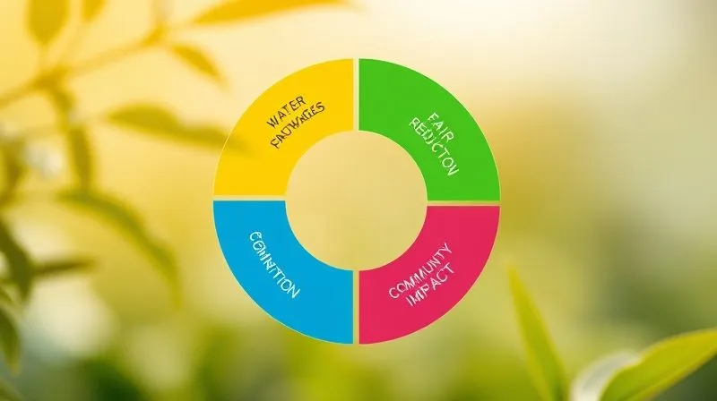 A photorealistic, infographic-style image showing a vibrant circular graphic with different segments representing 'Water Saved,' 'Fair Wages,' 'Carbon Reduction,' and 'Community Impact.' Each segment has a clear, easily readable metric. The graphic is clean, modern, and visually appealing, set against a soft, eco-friendly background. Cinematic lighting, sharp focus on the graphic, depth of field, 8K hyper-detailed, professional photography, shot on a high-end DSLR.