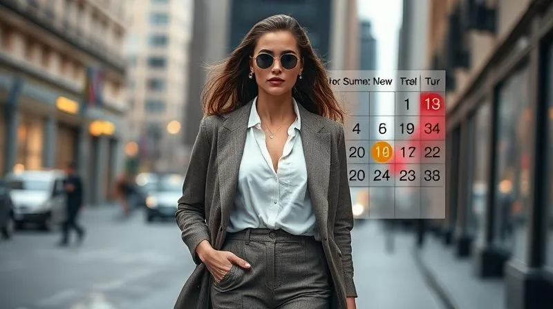 A professional, photorealistic image depicting a stylish woman in a unique secondhand outfit, confidently walking down a city street. In the background, a subtle overlay of a calendar highlights different fashion seasons (Spring, Summer, Fall, Winter) with corresponding seasonal items. The image conveys modern trends meeting timeless style. 8K, cinematic lighting, sharp focus on the woman, depth of field blurring the city, shot on a high-end DSLR.