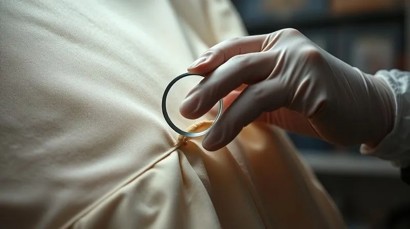 A close-up, photorealistic shot of a skilled textile conservator's gloved hands meticulously examining a delicate, aged silk vintage dress under a soft, directed light, using a magnifying glass to inspect a tiny tear. The fabric shows subtle signs of age and fragility. Professional photography, 8K, cinematic lighting, sharp focus on the hands and fabric, depth of field blurring the background of a well-organized conservation studio, shot on a high-end DSLR, conveying deep expertise and careful handling.