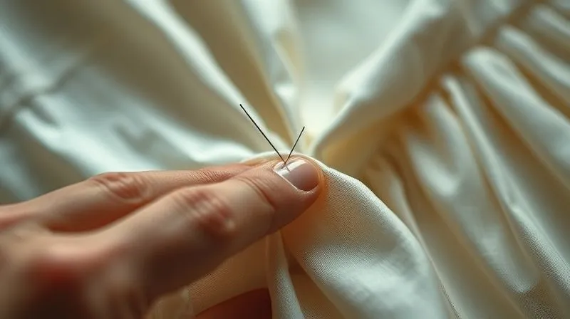 A close-up, photorealistic image showing a skilled hand meticulously performing invisible mending on a vintage silk dress. The needle and thread are barely visible as they merge with the delicate fabric, repairing a small tear. The background is softly blurred, showing other vintage textiles. Professional photography, 8K, cinematic lighting highlighting the intricate detail, sharp focus on the mending process, depth of field, shot on a high-end DSLR, conveying a sense of quiet artistry and precision.