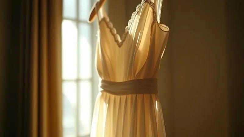 A final, inspiring photorealistic image of a beautifully restored vintage dress, possibly a 1920s flapper gown or a 1950s couture piece, hanging gracefully in a soft, ethereal light, showcasing its renewed elegance and integrity. The fabric gleams softly, appearing pristine yet retaining its vintage charm. Professional photography, 8K, cinematic lighting, sharp focus, depth of field, shot on a high-end DSLR, evoking timeless beauty and successful preservation.