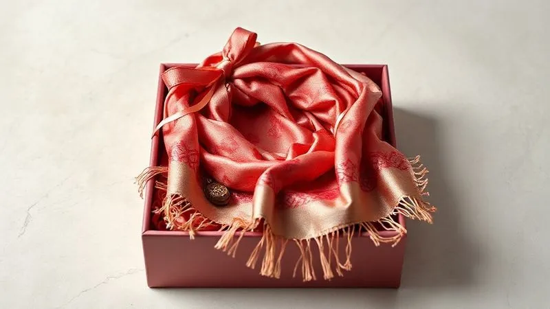 A photorealistic, professional photograph of a beautifully packaged luxury silk scarf, perhaps in an elegant gift box with a ribbon and a small, curated accessory alongside it, presented on a minimalist background with soft, diffused cinematic lighting. The image should convey sophistication and a sense of discovery. 8K hyper-detailed, shot on a high-end DSLR.