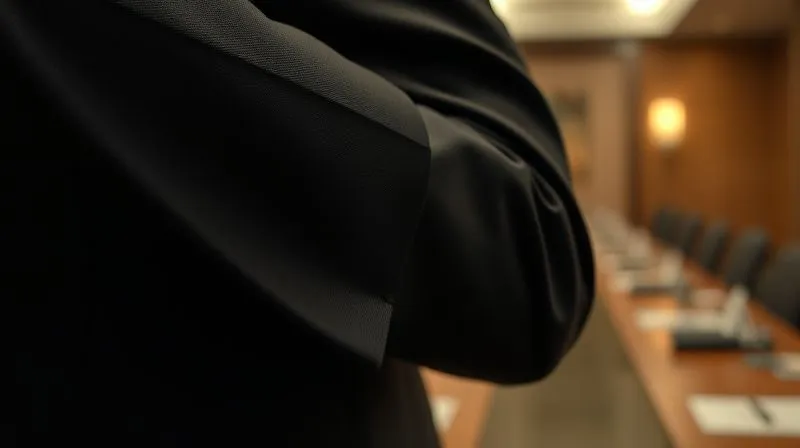 A photorealistic, professional photography, 8K, cinematic lighting, sharp focus, depth of field shot of a close-up on a perfectly tailored dark suit jacket sleeve, showing a crisp shirt cuff underneath, with subtle texture visible in the high-quality wool fabric. The background is a softly blurred, sophisticated boardroom setting.