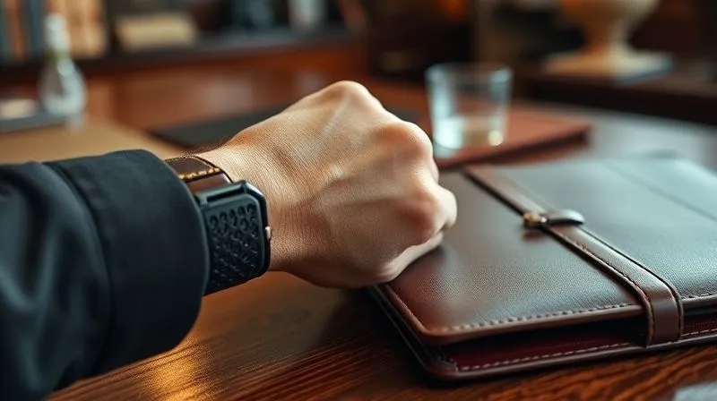 A photorealistic, professional photography, 8K, cinematic lighting, sharp focus, depth of field shot of a close-up on a person's wrist wearing an elegant, classic design watch with a leather strap, resting on a polished dark wood desk next to a high-quality leather briefcasse. The background is a softly blurred, warm office interior, emphasizing subtle luxury details.