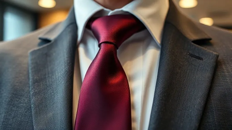 Photorealistic, professional photography, 8K, cinematic lighting, sharp focus, depth of field, shot on a high-end DSLR. A close-up of a high-quality, subtly textured charcoal suit fabric, with a crisp white shirt and a silk tie in a deep burgundy or navy, perfectly knotted. The focus is on the fabric and knot, showing impeccable detail and quality, with a blurred background suggesting a modern professional environment.