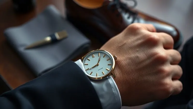 Photorealistic, professional photography, 8K, cinematic lighting, sharp focus, depth of field, shot on a high-end DSLR. A close-up of a man's wrist with a classic, elegant watch (e.g., a simple dress watch with a leather strap), resting on a tailored suit jacket sleeve. In the background, subtly blurred, are a neatly folded silk pocket square and a pair of highly polished leather dress shoes. The focus is on the watch and the quality of the accessories, conveying understated luxury and attention to detail.