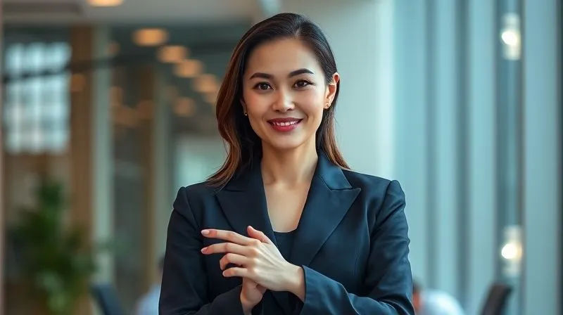 A photorealistic, professional photography shot of a confident female executive in a well-tailored navy blazer, her hands clasped in front of her, exuding calm authority. She is looking directly at the camera with a subtle, reassuring smile. Cinematic lighting, sharp focus on her face and upper body, depth of field blurring a modern office background. 8K hyper-detailed, shot on a high-end DSLR.