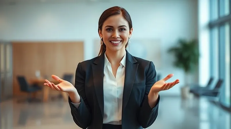 A photorealistic, professional photography shot of a female executive with confident, open body language, standing tall with her hands lightly clasped, making eye contact and a subtle, engaging smile. She is in a modern, well-lit conference room. Cinematic lighting, sharp focus on the executive, depth of field blurring the background. 8K hyper-detailed, shot on a high-end DSLR.