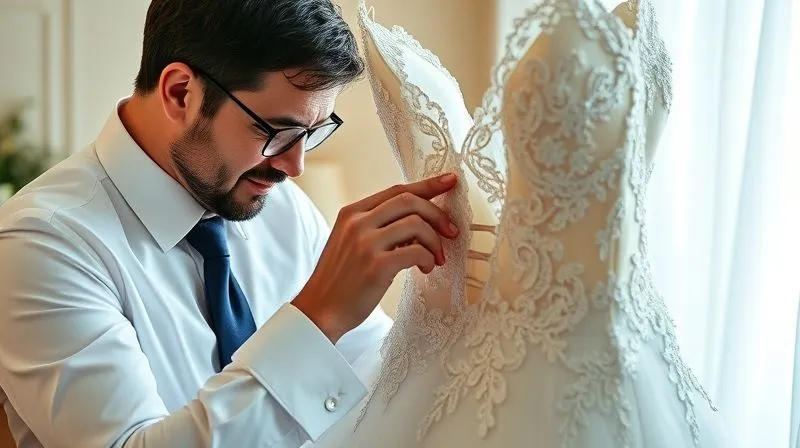 A photorealistic, professional photography, 8K, cinematic lighting, sharp focus, depth of field, shot on a high-end DSLR image of a bridal consultant gently inspecting a delicate wedding gown's lace details and boning, highlighting its vulnerabilities, with a thoughtful bride looking on.