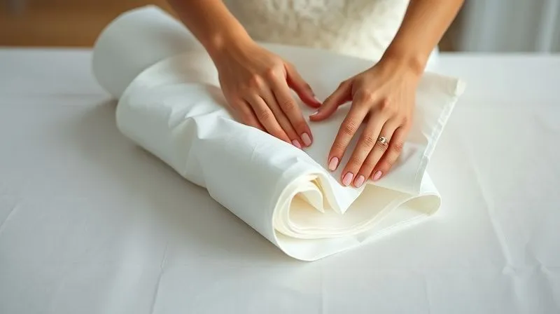 A photorealistic, professional photography, 8K, cinematic lighting, sharp focus, depth of field, shot on a high-end DSLR image of a bride's hands gently rolling a delicate white wedding gown with acid-free tissue paper between layers, demonstrating the 'roll and fold' technique on a large, clean surface.