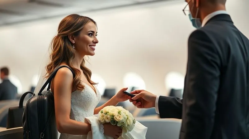 A photorealistic, professional photography, 8K, cinematic lighting, sharp focus, depth of field, shot on a high-end DSLR image of a polite bride speaking with an airline check-in agent, holding a garment bag, demonstrating effective pre-flight communication about her wedding gown.