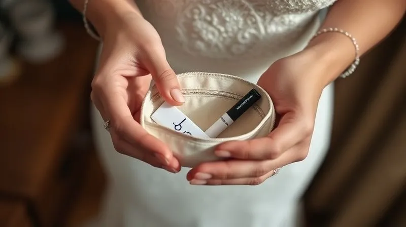 A photorealistic, professional photography, 8K, cinematic lighting, sharp focus, depth of field, shot on a high-end DSLR image of a bride's hands carefully placing a small, elegant travel sewing kit and a stain remover pen into a delicate bridal emergency pouch, suggesting preparedness and peace of mind.