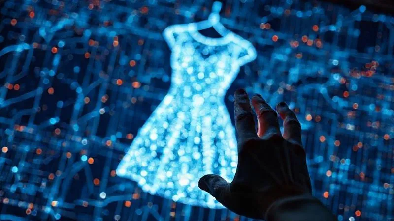 photorealistic, professional photography, 8K, cinematic lighting, sharp focus, depth of field, shot on a high-end DSLR. A holographic representation of a meticulously designed digital dress, shimmering with intricate patterns, projected onto a complex network of glowing data streams. In the foreground, a human hand with a subtle digital interface seems to be interacting with the projection, illustrating the fusion of physical and virtual ownership challenges.
