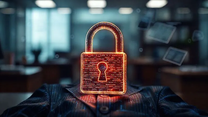photorealistic, professional photography, 8K, cinematic lighting, sharp focus, depth of field, shot on a high-end DSLR. A stylized, glowing padlock formed by intertwined lines of code and legal parchment, sitting atop a digital fashion garment. The background is a blurred, high-tech law office, with subtle holographic legal documents floating in the air, symbolizing the blend of technology and law in IP protection.
