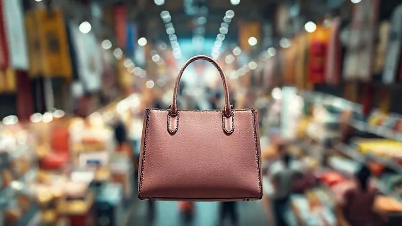 A photorealistic, high-angle shot of a blurred, chaotic marketplace scene, with a single, pristine luxury handbag in the foreground, sharp and in focus, representing the brand's struggle against disorder. Cinematic lighting, 8K, depth of field, professional photography, shot on a high-end DSLR.