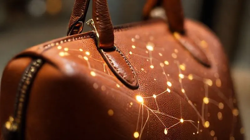 A close-up, photorealistic shot of a luxury handbag with a subtle, glowing digital interface overlaid, showing blockchain nodes and data points, symbolizing advanced tracking and authentication. Professional photography, 8K, cinematic lighting, sharp focus, depth of field, shot on a high-end DSLR.