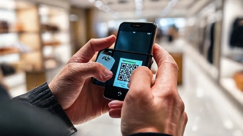 A close-up, photorealistic shot of a person using a smartphone to scan a QR code on a luxury product's tag, with a green 'AUTHENTICATED' message appearing on the phone screen. The background is a clean, minimalist luxury retail environment. Professional photography, 8K, cinematic lighting, sharp focus on the phone and tag, depth of field, shot on a high-end DSLR.