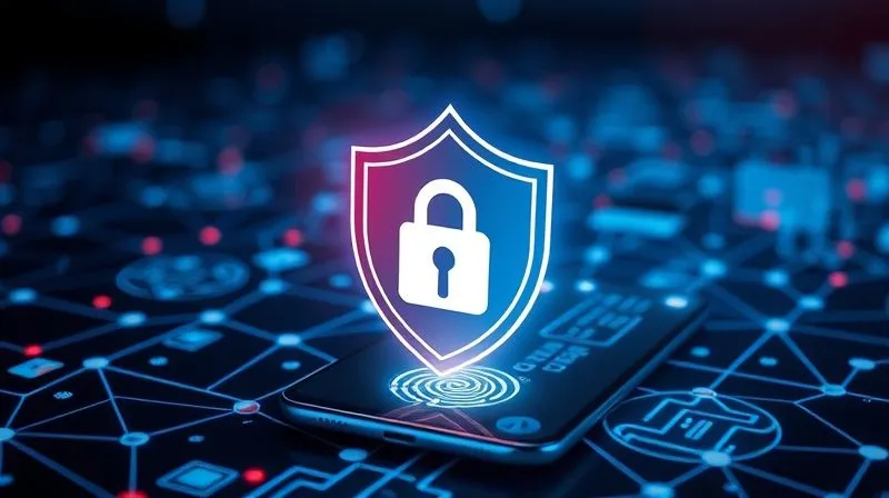 A photorealistic image of a digital security shield icon overlaying a complex network of connected devices and payment card symbols, with biometric scanning lines illuminating a smartphone, cinematic lighting, sharp focus on the shield, depth of field blurring the background, 8K hyper-detailed, professional photography, shot on a high-end DSLR.