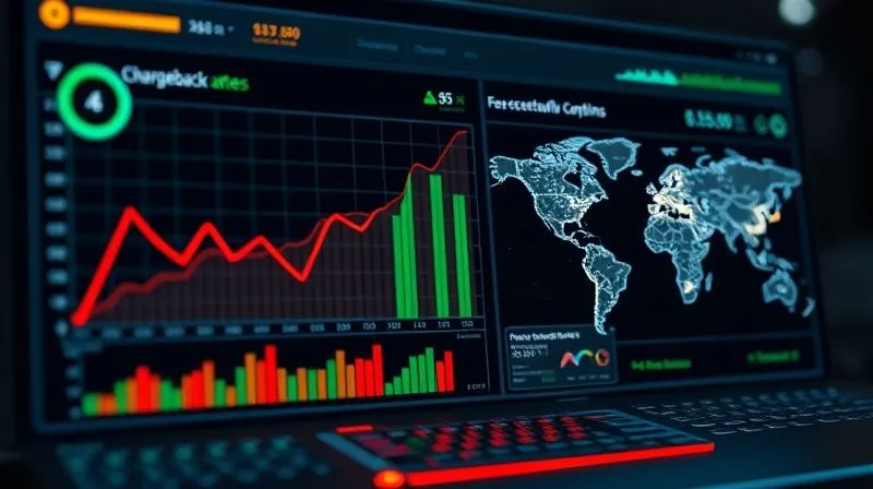 A photorealistic image of a sleek dashboard displaying a variety of data visualizations: a declining red line graph representing chargeback rates, a rising green bar chart for successful transactions, and a world map with glowing dots indicating fraud hotspots, all in a futuristic interface, cinematic lighting, sharp focus on the central graph, depth of field, 8K hyper-detailed, professional photography, shot on a high-end DSLR.