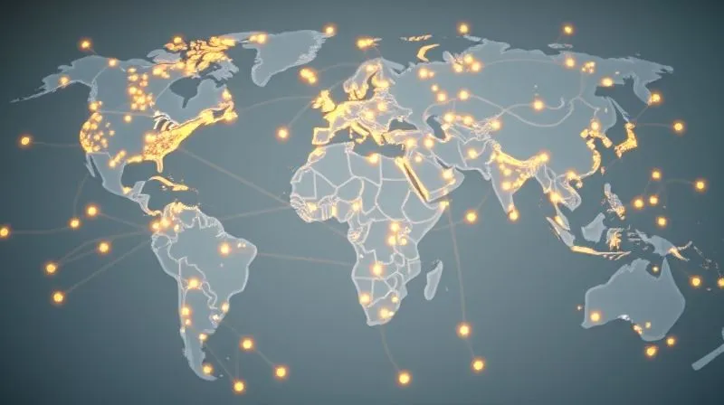 A photorealistic, professional photography, 8K, cinematic lighting, sharp focus, depth of field, shot on a high-end DSLR. A complex, interwoven diagram of a global fashion supply chain, with glowing nodes representing different stages (raw material, spinning, weaving, dyeing, cut-and-sew, distribution). Arrows clearly show the flow of materials, emphasizing transparency and connectivity. The background is clean and modern, suggesting efficiency and clarity. Emotionally resonant, conveying intricate organization and verifiable pathways.