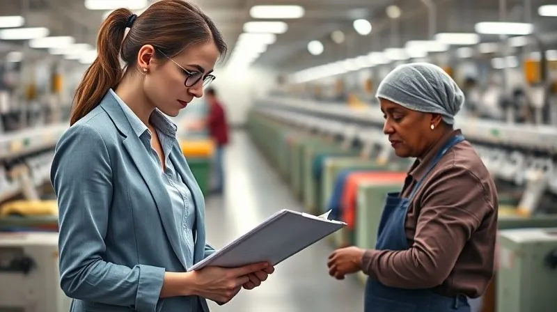 A photorealistic, professional photography, 8K, cinematic lighting, sharp focus, depth of field, shot on a high-end DSLR. A female auditor, professional and focused, inspecting documentation and interviewing a worker in a well-lit, clean textile factory. The scene conveys diligence, thoroughness, and respectful interaction. A clipboard with notes is visible, and machines are running softly in the background. Emotionally resonant, conveying accountability and human dignity.