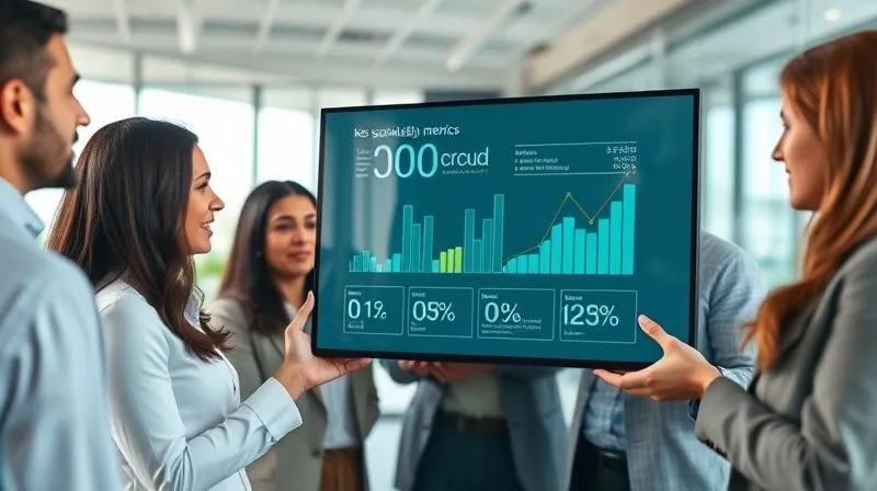 A photorealistic, professional photography, 8K, cinematic lighting, sharp focus, depth of field, shot on a high-end DSLR. A minimalist, elegant infographic on a digital screen, displaying key sustainability metrics (e.g., CO2 reduction, water saved, fair wage percentage) with clear, concise data visualizations. The screen is held by a diverse group of professionals in a modern office, engaged in a discussion, symbolizing transparent reporting and collective responsibility. Emotionally resonant, conveying clarity, accountability, and progress.